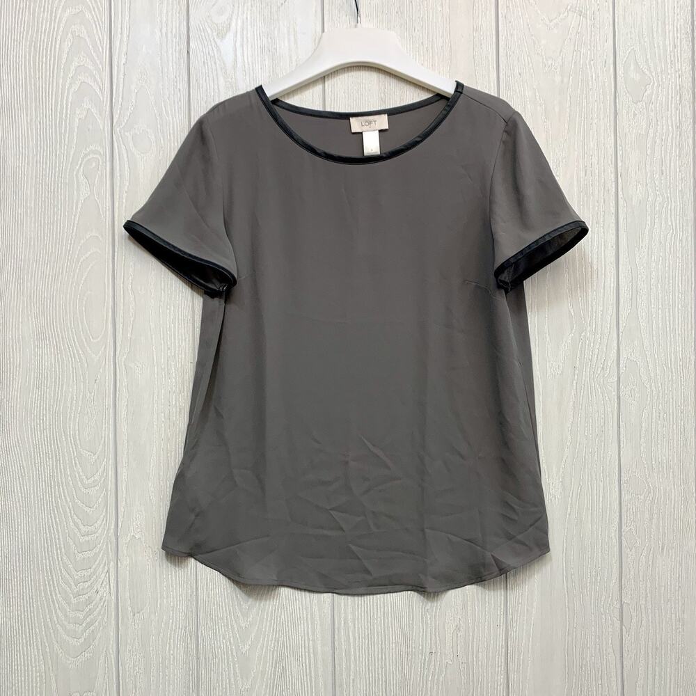 LOFT Gray Short Sleeve Faux Leather Trim Top Small NWT